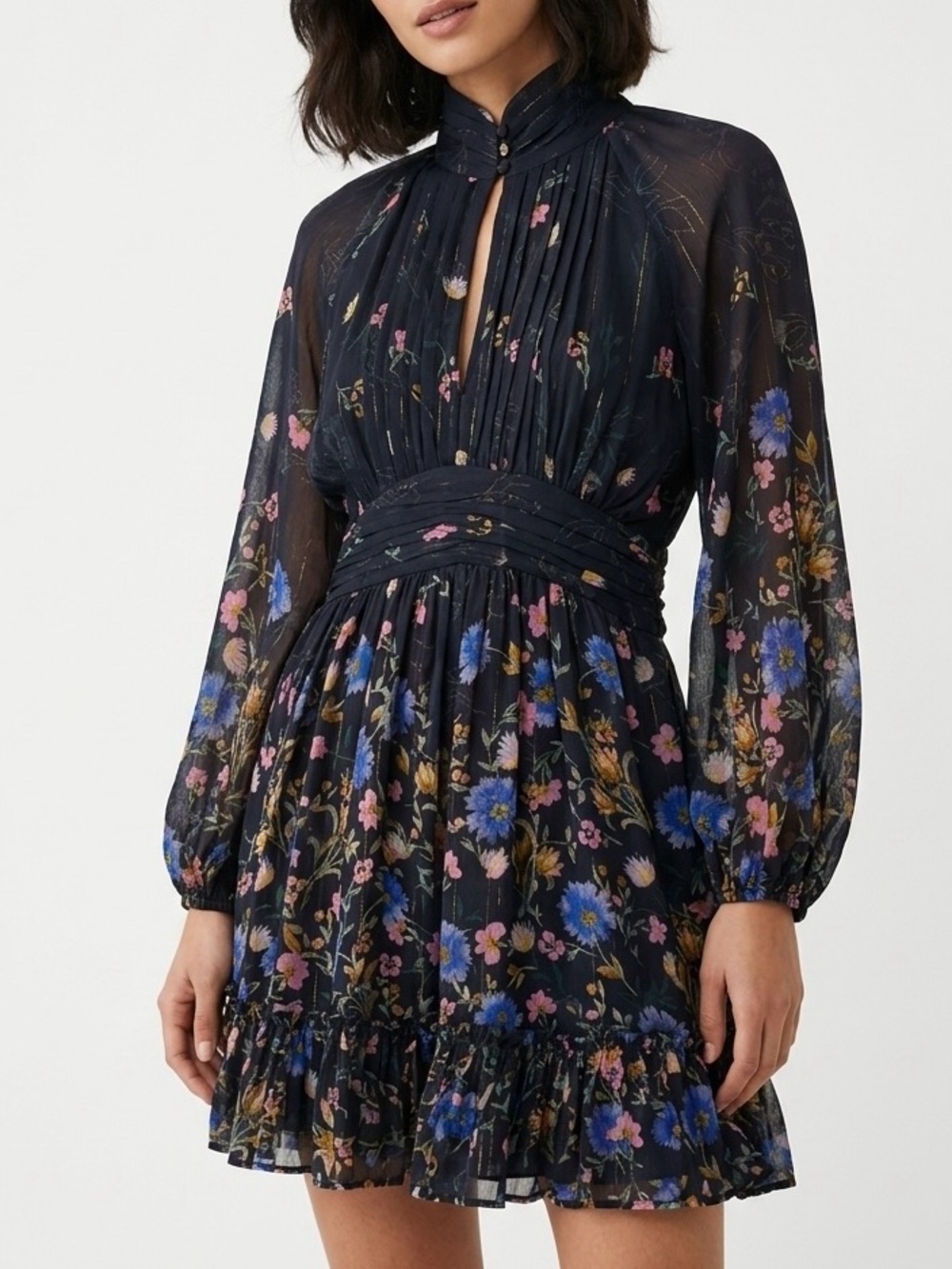 Anthropologie Teesta Mini Dress Boho Floral Long Sleeve Keyhole Black Motif 6